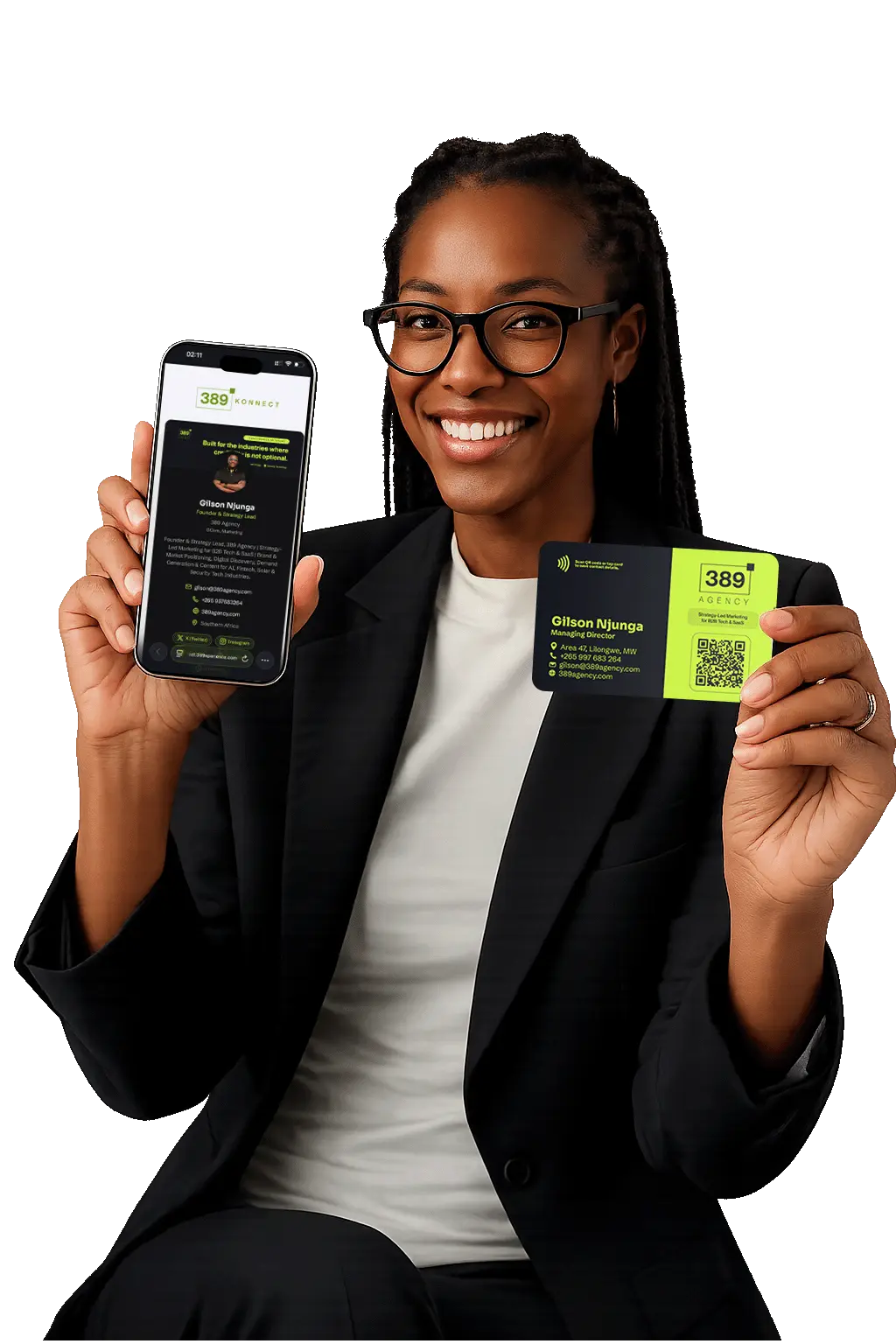 Professional holding a phone with a 389 Konnect digital card and a branded NFC business card