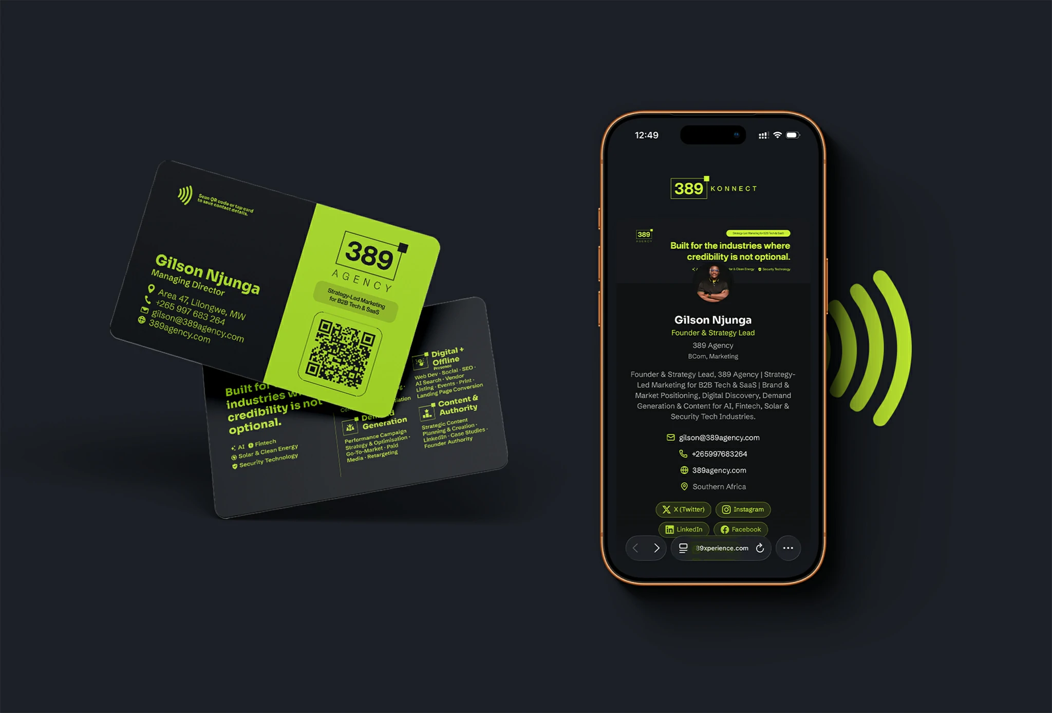 Branded NFC business card tapping to a 389 Konnect digital profile on a phone